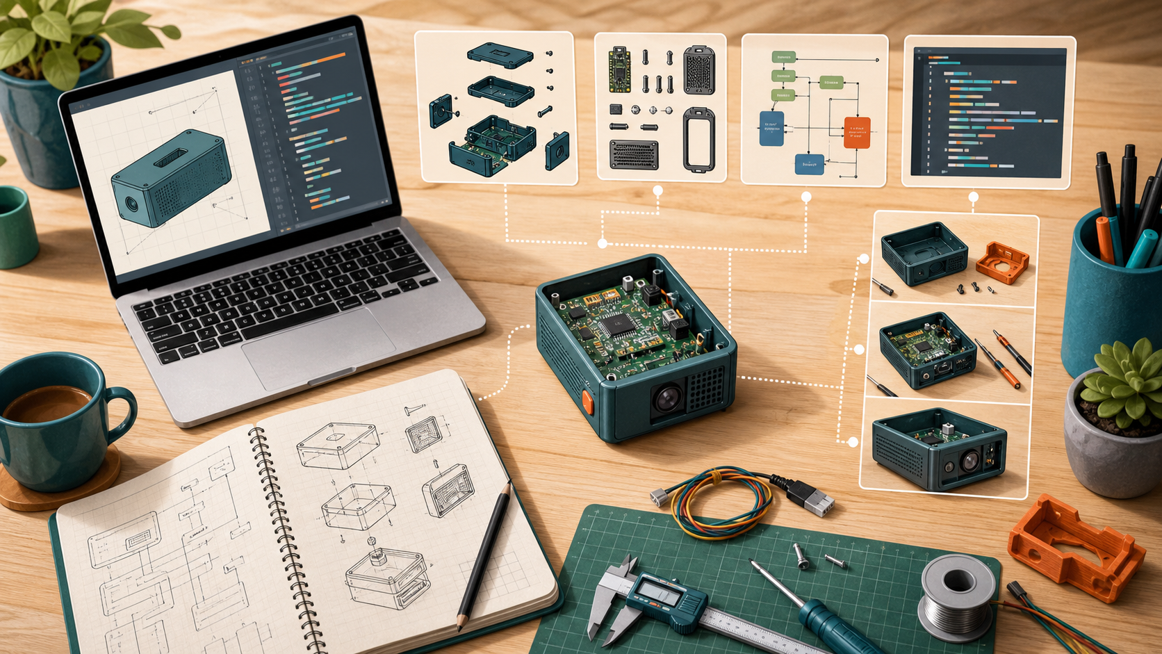Ilustración conceptual de un proyecto maker acompañado por archivos CAD, firmware, lista de piezas y documentación