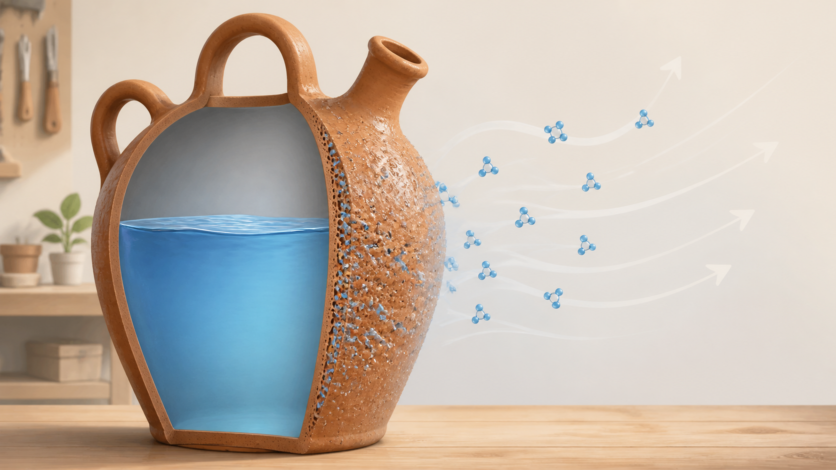 Ilustración del efecto botijo con agua atravesando la cerámica porosa y evaporándose